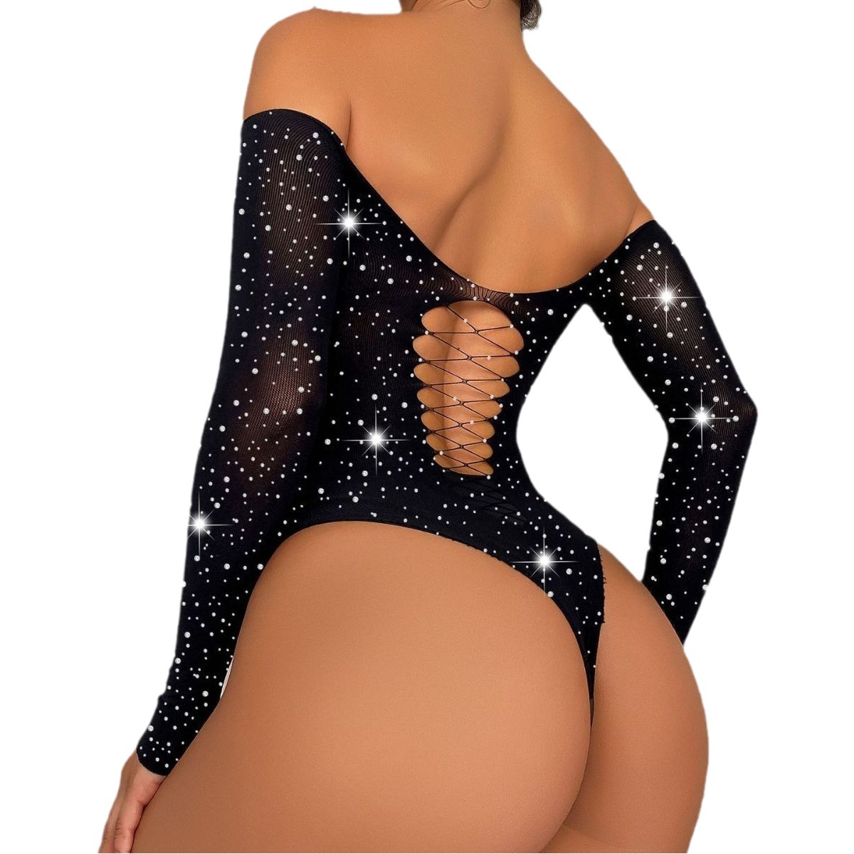 TZ122 transfronteriza de las mujeres rhinestone brillante lencería sexy de manga larga malla Bodystocking Lencería