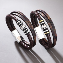 Temu跨境货源皮革手链镭射磁扣手链多层编织PU皮手链男百搭高级感