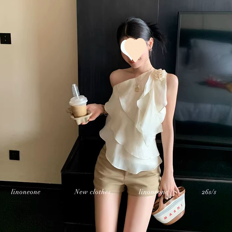 Linoneonesoft Soft Light Tencel Acetate Linen Multi-Layered Ruffled One-Shoulder Floral Top Blouse