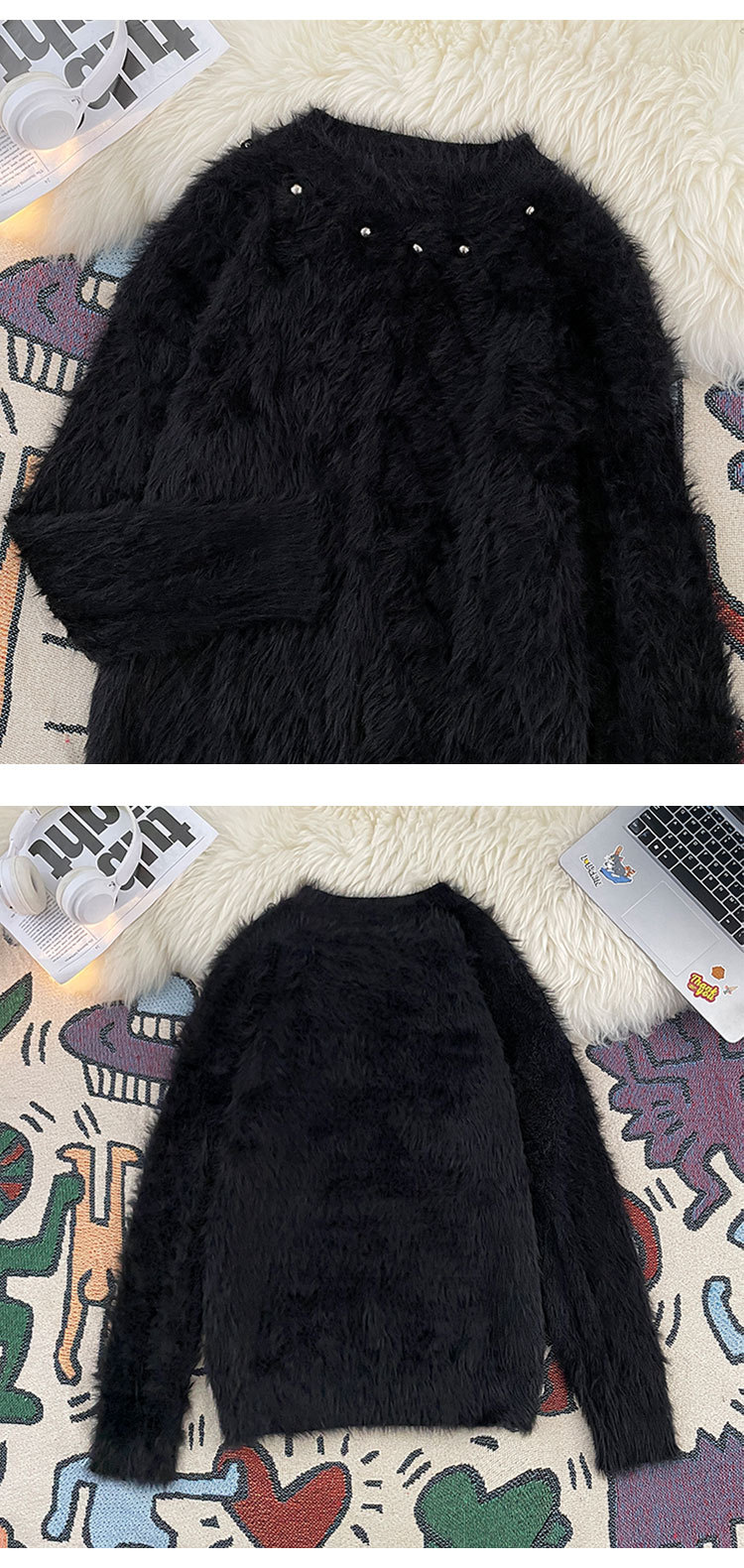 Men's Clothing mink sweater button flower design beaded high weight knitted sweater furry pullover lazy trend men_voghion.com