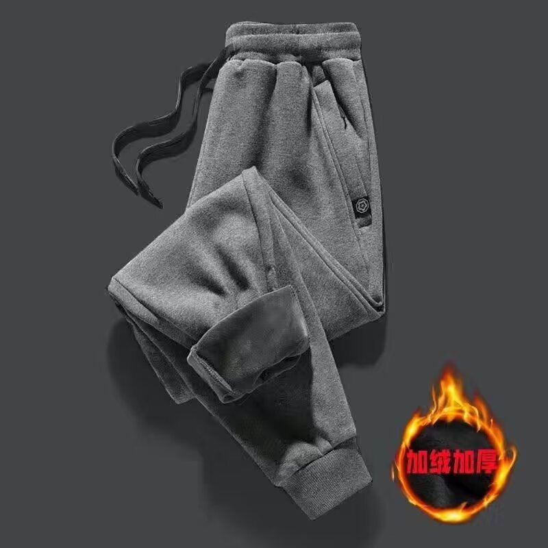 Fleece-lined thickened sports pants men's winter warm loose trendy ankle-tied pants student versatile stretch casual trousers