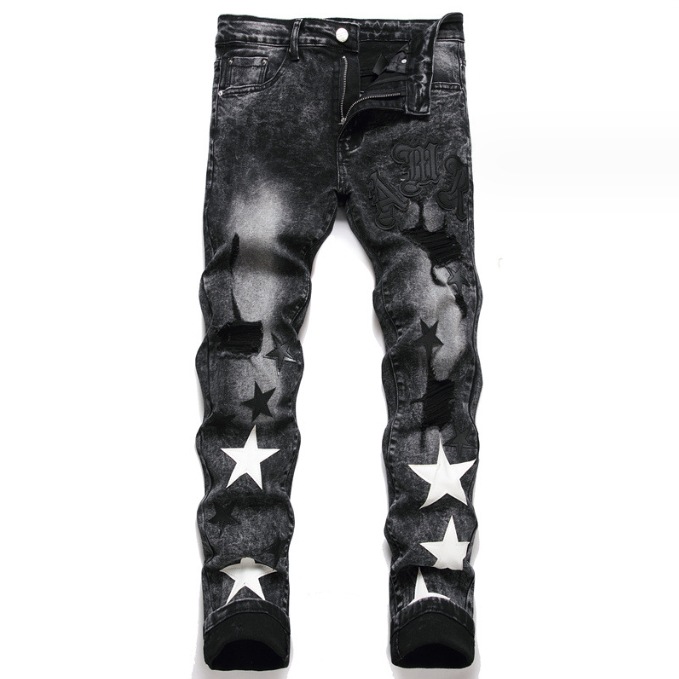 Herren Slim Fit Stretch Jeans In Schwarz Mit Stern-design_voghion.com