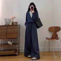 2025春季新款亚麻棉牛仔套装高级假两件外套宽松阔腿长裤