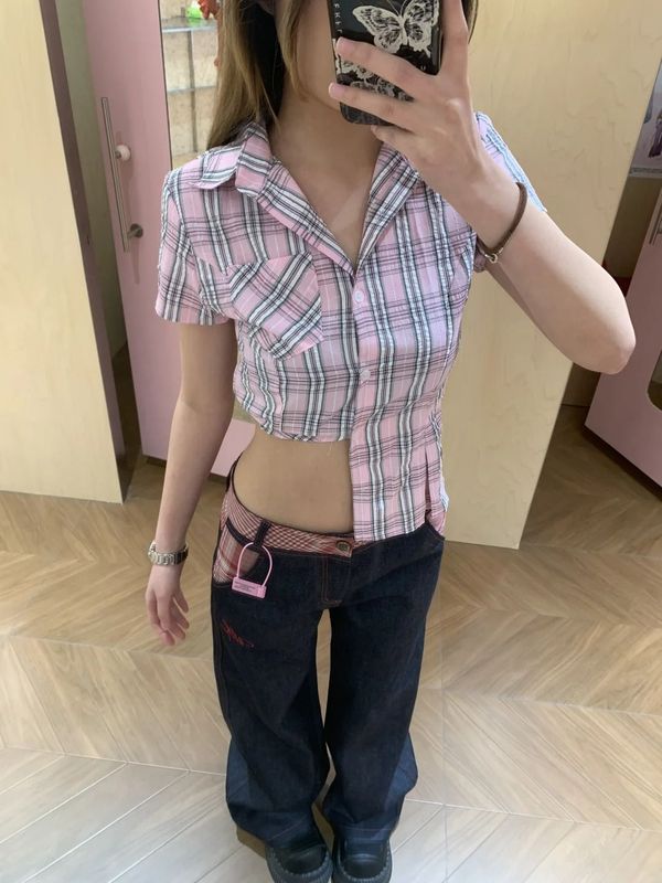 フレンチレトロハイエンドピンクチェック柄ポロカラー半袖シャツレディース夏デザインスリムフィット万能トップ|undefined