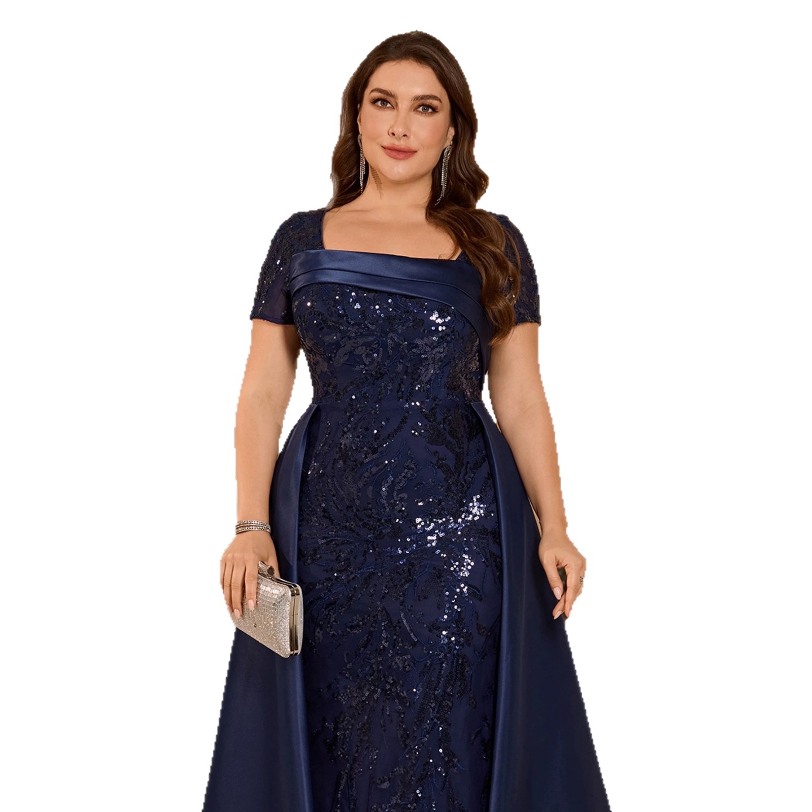 Elegant Long Evening Dress European American Style plus Size Square Neck Hand Pleated Sequined A-Line Banquet Dress Satin_ecoleips.com