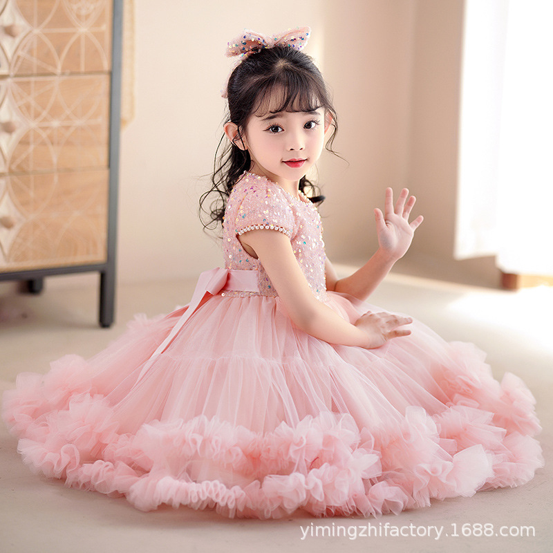 现货女童连衣裙半袖亮片蓬蓬公主裙网纱儿童裙子3-12岁周岁生日裙