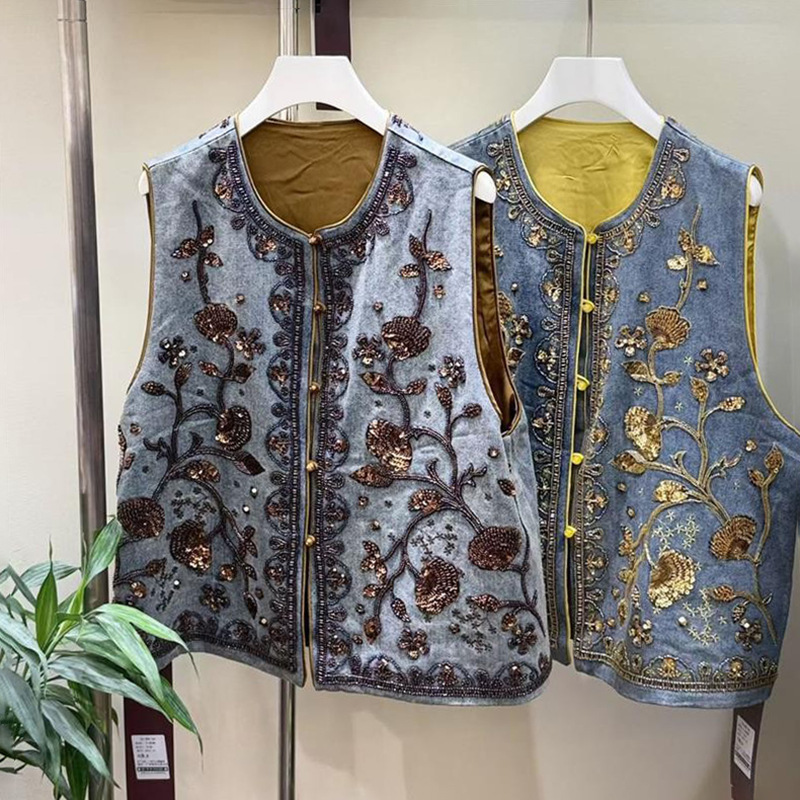 Nuevo estilo chino de la industria pesada bordada sequinilla clavado chaleco de vaqueros primavera nuevo plegado lujo ligero camisa de hombro para mujeres image 1