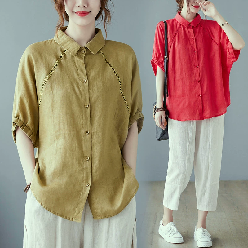 Настоящий выстрел 2021 рубашка больших размеров из хлопка и льна с короткими рукавами, женская летняя полая шитая художественная Повседневная Свободная универсальная Однотонная рубашка