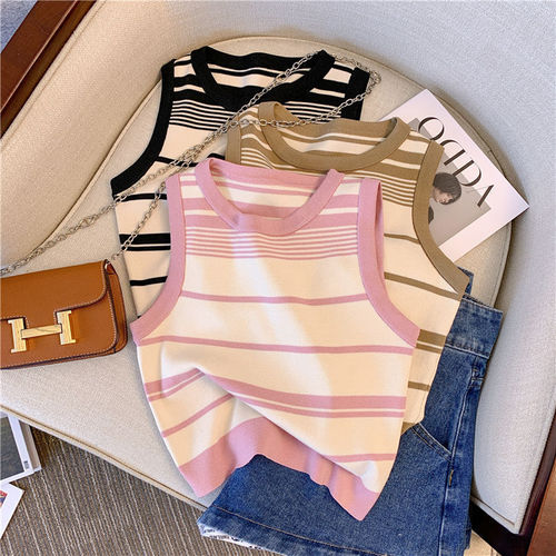 French-style sweet striped sleeveless chiffon knitted top for women, summer new short sleeve casual backless upper garment for women