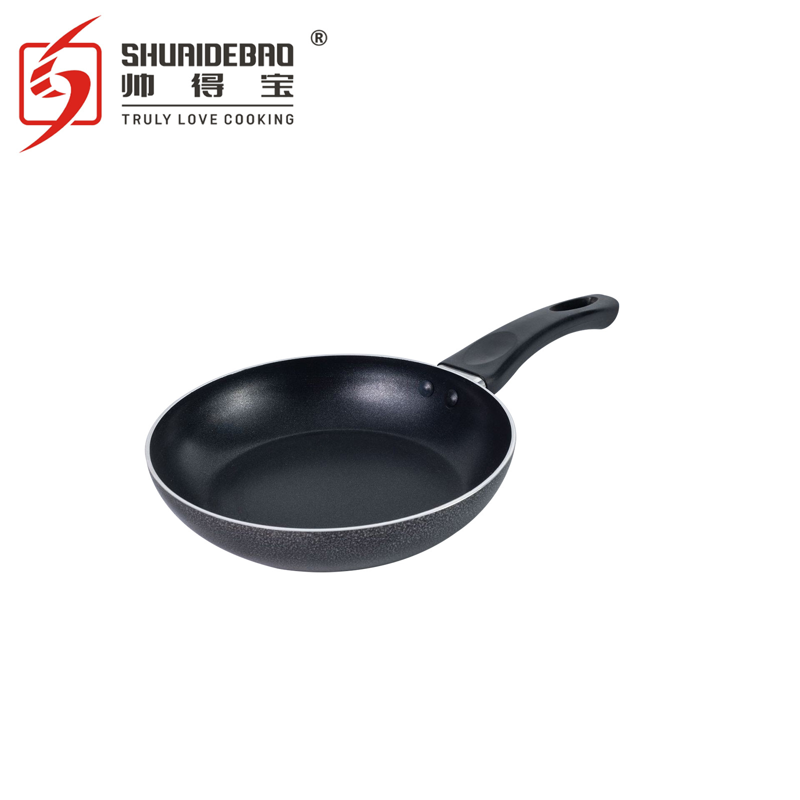 Shuaidebao exportación original de aluminio de 2,5mm de plástico negro de pulverización sartén antiadherente pan 16-32cm
