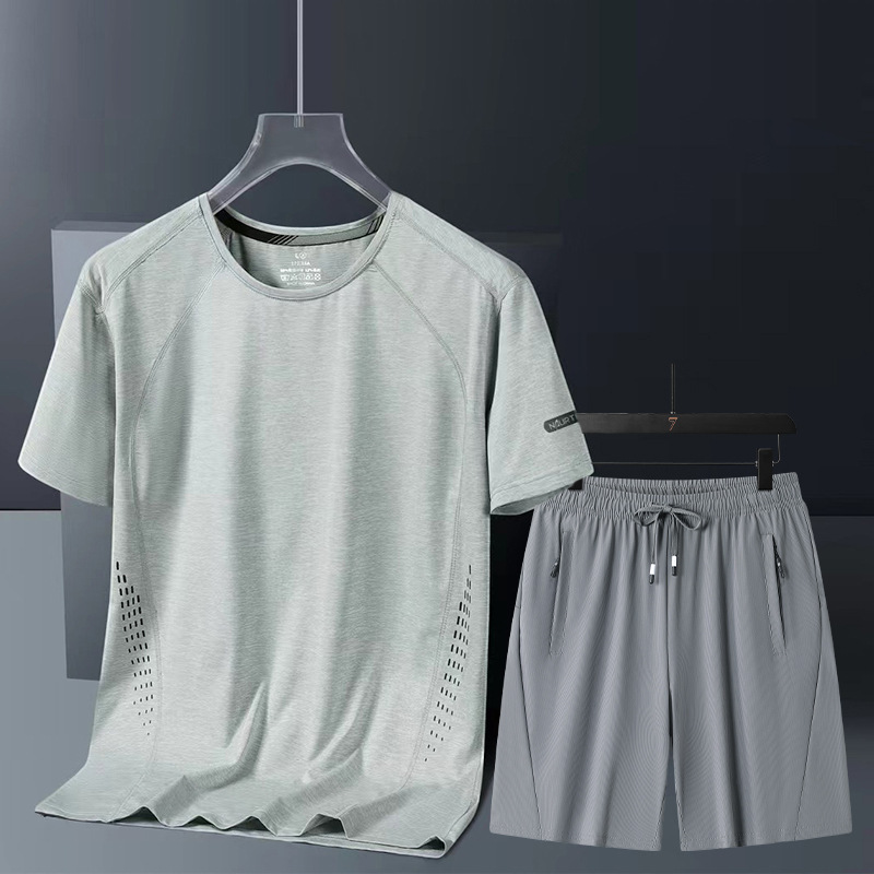 Dad Ice Silk suit Men's Summer Short-sleeved T-shirt Quick-drying Five-point Pants Two-piece Set Middle-aged and Elderly Casual Sportswear