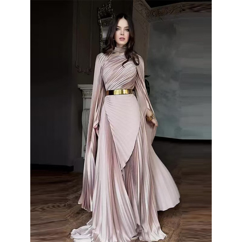2026 Summer New Cross-Border European and American Style Long Shawl Slit Elegant Dress with Belt