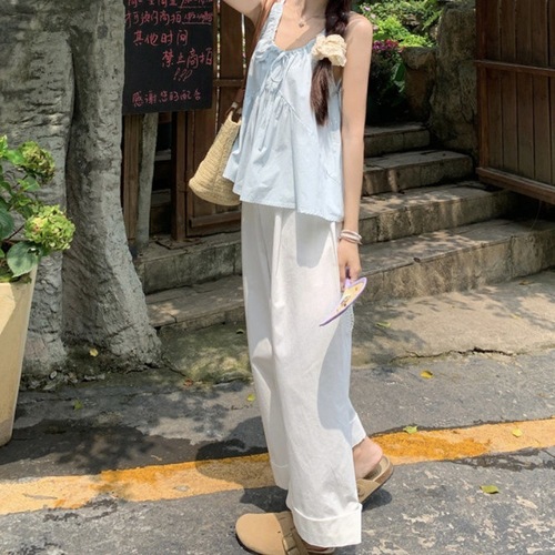 Fashion Set Women Blue Pleated Straps Tank Top 2025 Summer Loose Wide Leg Pants Casual Pants Two Piece Set