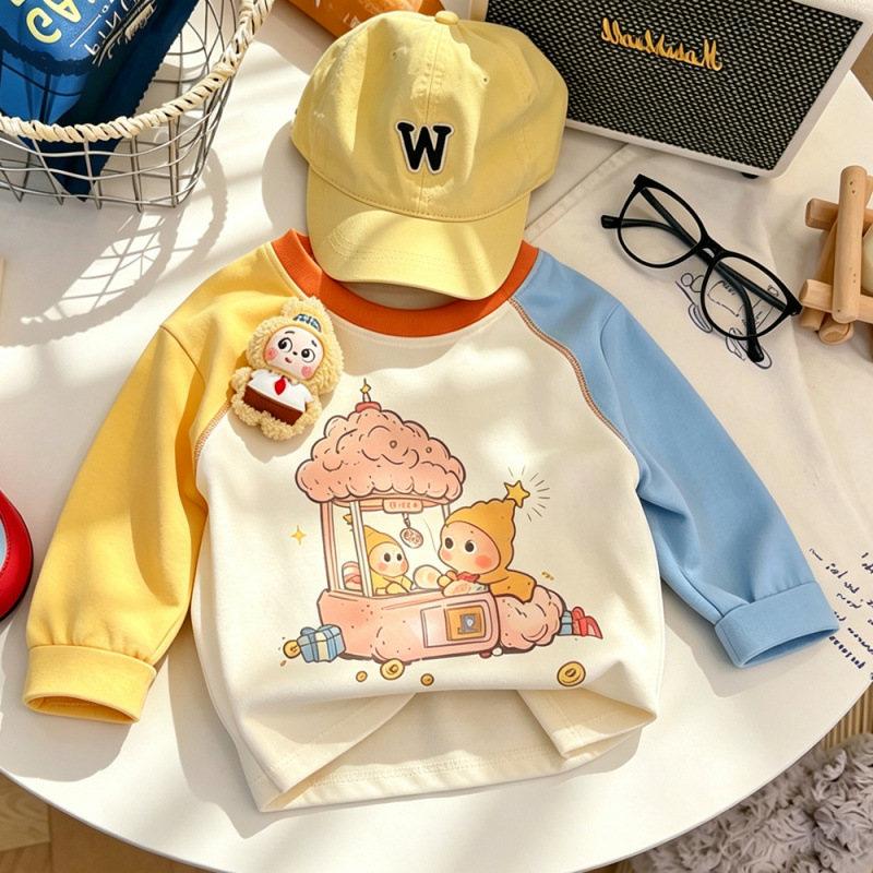 Yellow and blue 3D star doll print children's long-sleeved T-shirt, autumn Korean style, cute and versatile top