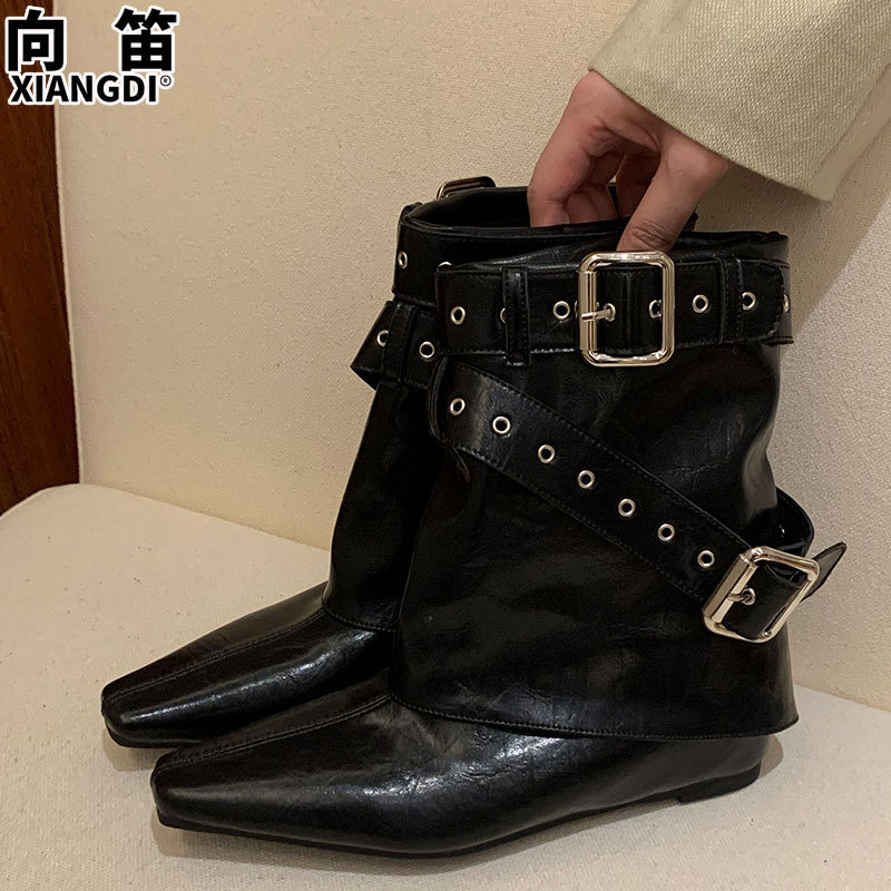 牛皮版小坡跟内增高马丁靴粗跟短靴辣妹风裤管靴骑士靴褶皱堆堆靴|undefined