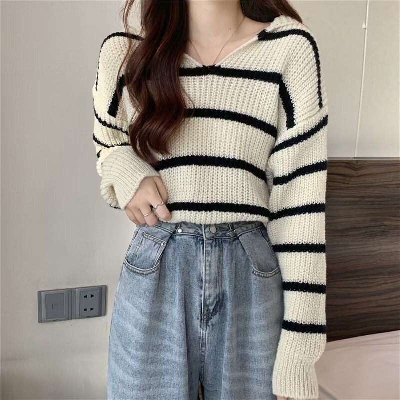 New Autumn and Winter Navy Collar Striped V-Neck Sweater Lazy Style Loose Pullover Sweater for Women