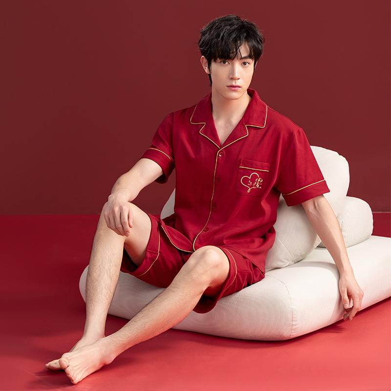 Pijamas de boda para recién casados 2025 para hombre, conjunto de verano de algodón puro de manga corta y pantalones cortos, holgado, rojo brillante, para el hogar, con diseño del año del zodiaco