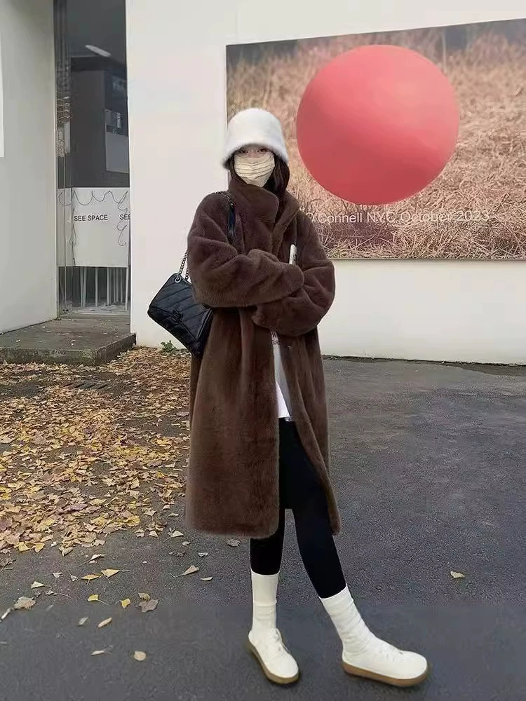 Пальто из искусственного меха с поясом-стойкой, удлинённый рукав, экологичный, размеры M–XL