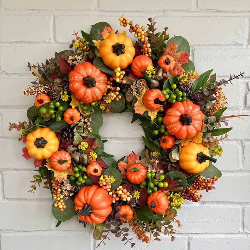 Cross-Border Golden Pumpkin Garland Artificial Flower Wreath Hanging Decoration American Autumn Door Decoration Garland Harvest Festival