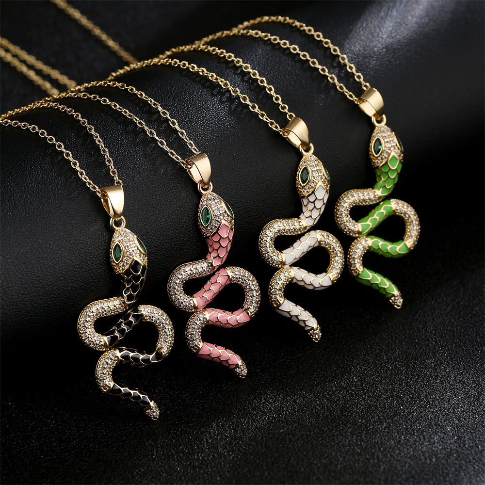 Fashion copper 18k gold color drip oil zircon snake pendant necklace