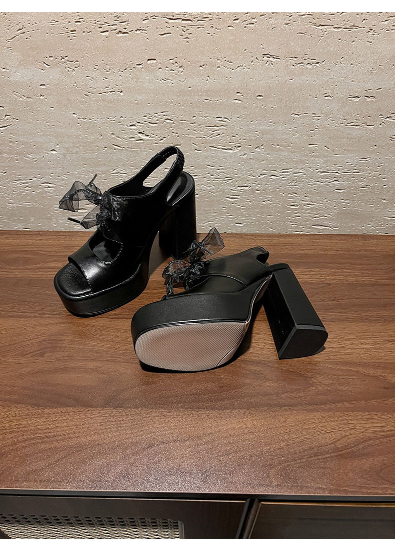 Sandal cao gót nữ hở mũi gót 12 cm đế platform quai dây ruy băng phong cách La Mã — màu đen, màu mơ chi tiết 16