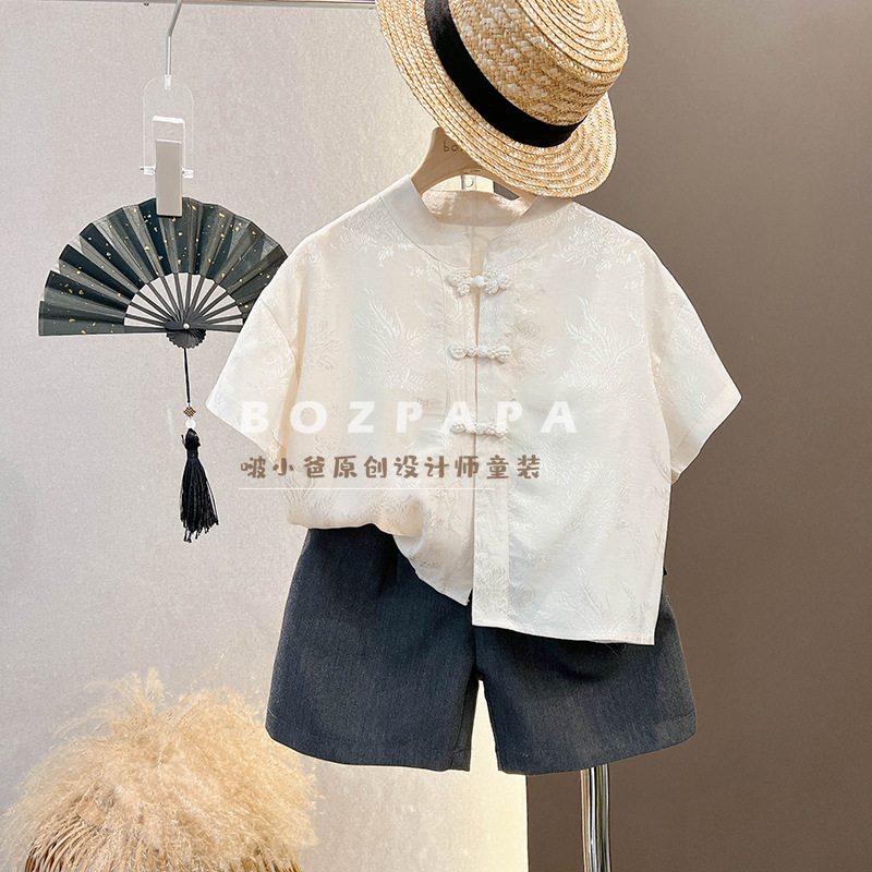 2025夏季新款男童新中式短袖衬衣儿童宝宝印花珍珠盘扣唐装衬衫