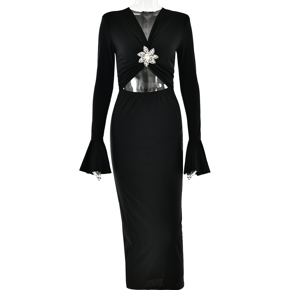 Women's Clothing spring and summer new V neck trumpet sleeve dress fashionable temperament sexy hot girl tight fishtail skirt_ipsvogv.com