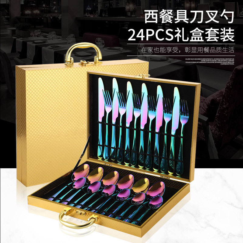 Amazon productos calientes vajilla de acero inoxidable 24 piezas traje 1010 cuatro piezas principales cuchillo, tenedor y cuchara traje de caja de madera transfronteriza