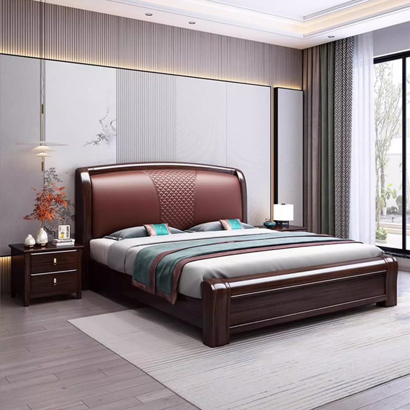 紫金檀木實木床1.8新中式輕奢雙人床主臥現代簡約真皮軟包儲物床