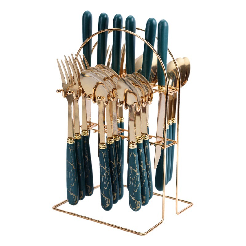 Amazon transfronterizo nuevo marmoleado vajilla de acero inoxidable caja de regalo de 24 piezas restaurante comida occidental cuchillo tenedor cuchara de postre