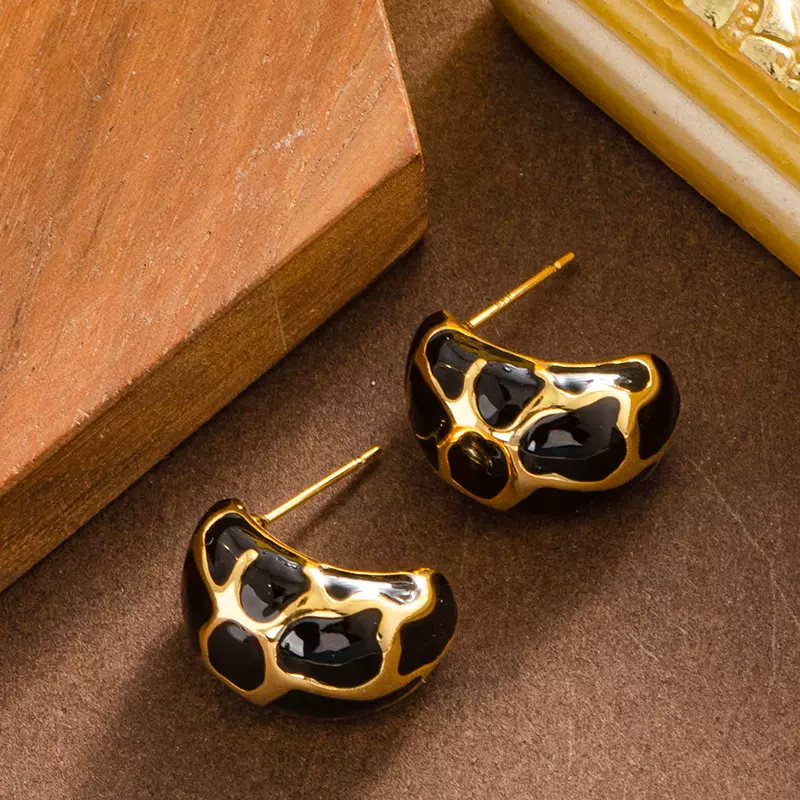 欧美跨境时尚美拉德风滴油不规则花纹耳钉女轻奢个性时髦银针耳饰