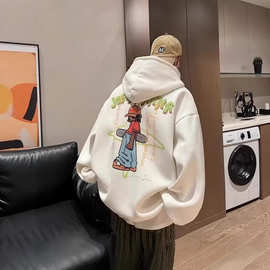 美式hiphop白色加绒卫衣男2026年冬季新款嘻哈oversize连帽外套