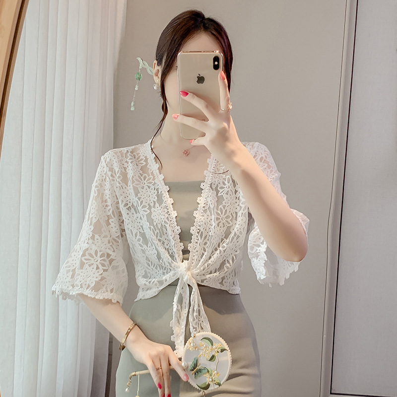 Lace Hollow Sunscreen Clothing Women's Summer Thin Lace-up Outer Cardigan Short Loose Dress Sling Small Shawl