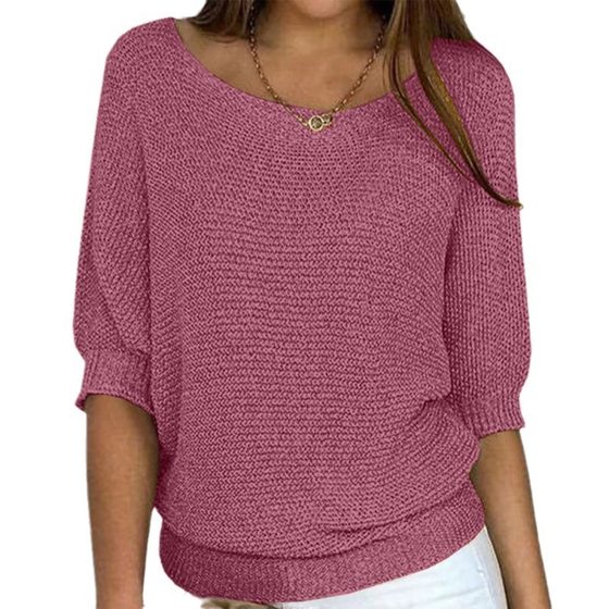2024 New Cross-border European and American Style Solid Color Round Neck Knitted Sweater Women's Commuting Elegant Seven-sleeved Top Air-conditioning Shirt