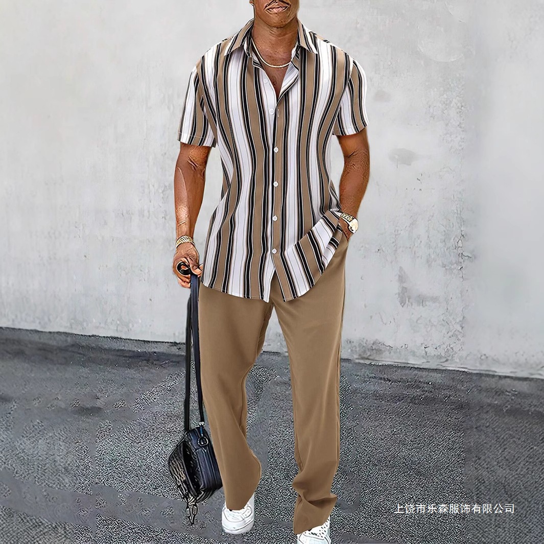 26 Amazon's Best-Selling Cross-Border European and American Youth Casual Fashion Men's Large Size Striped Short-Sleeved Shirt and Pants Set