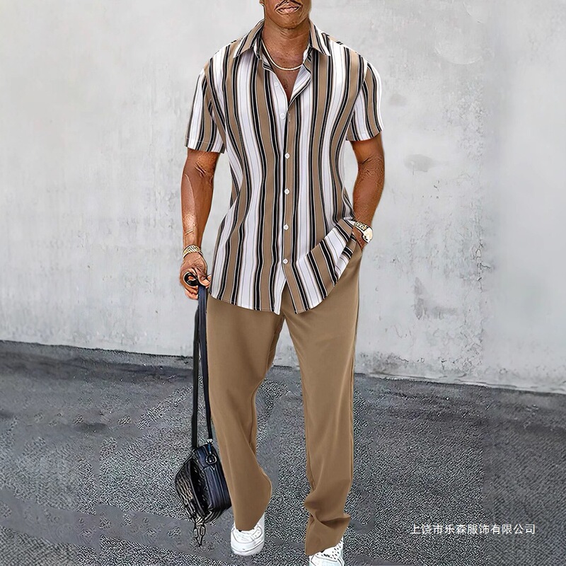 26 Amazon's Best-Selling Cross-Border European and American Youth Casual Fashion Men's Large Size Striped Short-Sleeved Shirt and Pants Set 26 Amazon's Best-Selling Cross-Border European and American Youth Casual Fashion Men's Large Size Striped Short-Sleeved Shirt and Pants Set