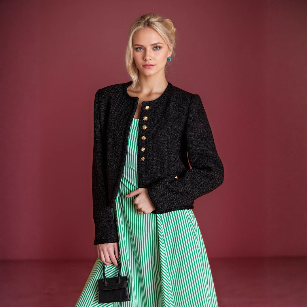 European and American Round Neck Long-Sleeved Tweed with Classic Metal Buckle Decoration Women's Short Cardigan Jacket