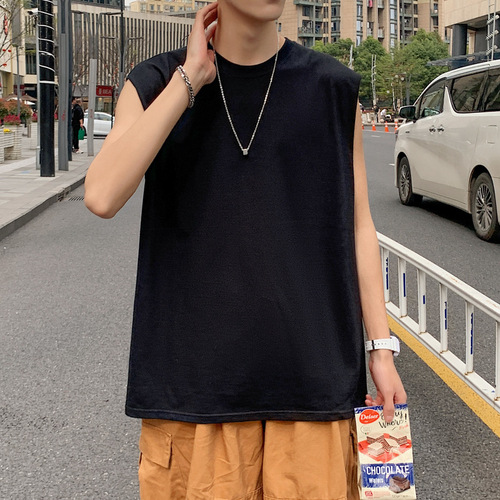 Summer Ins Brand Solid Color T-Shirt Vest Men Korean Style Trendy Student Sports Shoulderless Sleeveless T-Shirt Shirt Top 
