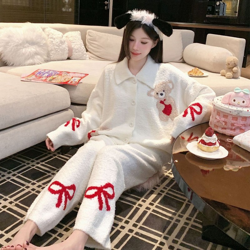 秋冬季半边绒睡衣女复古条纹红色本命年家居服开衫软绵绵加厚睡衣|undefined