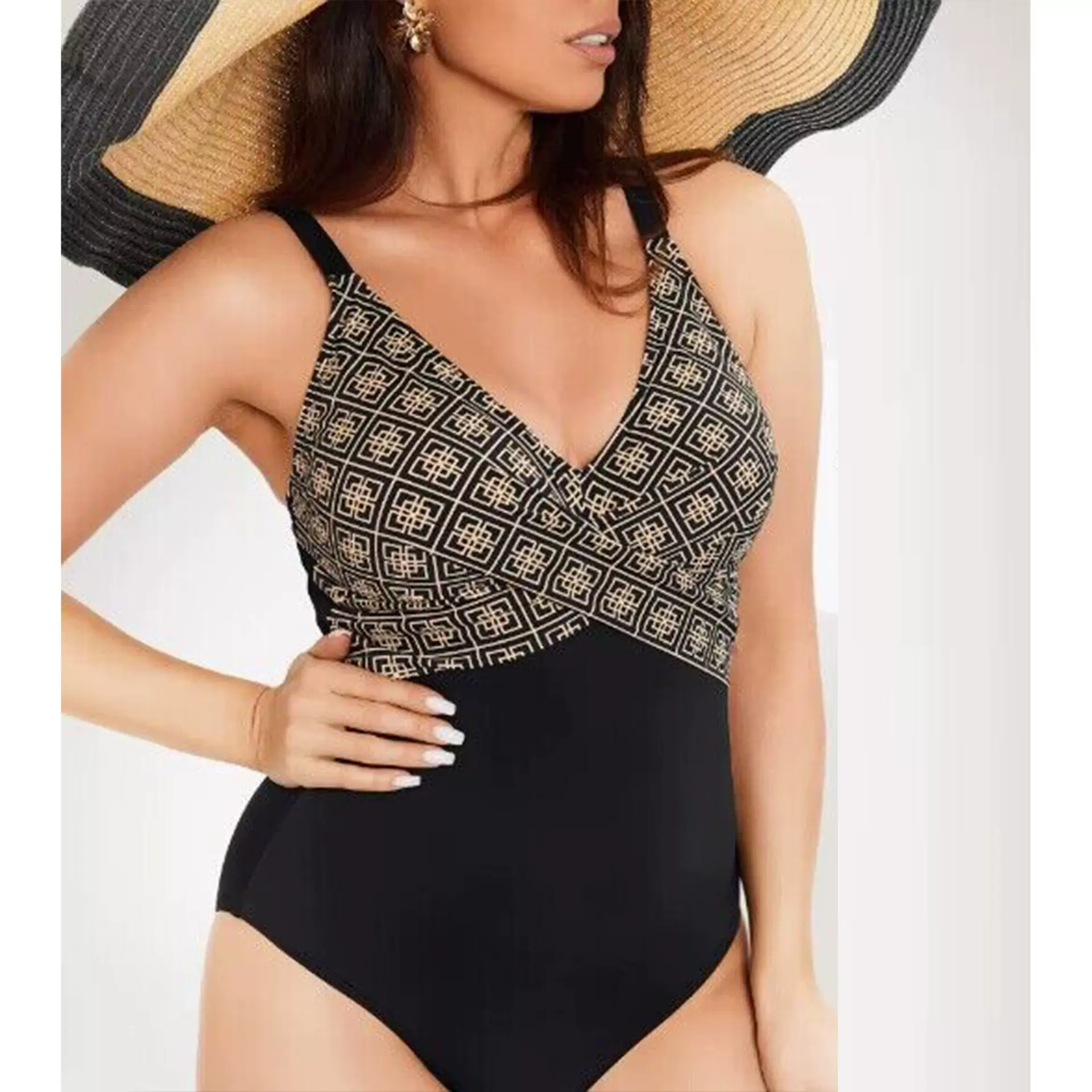 游泳衣跨境大码数码印2024欧美新款拼接比基尼女士连体三角泳衣