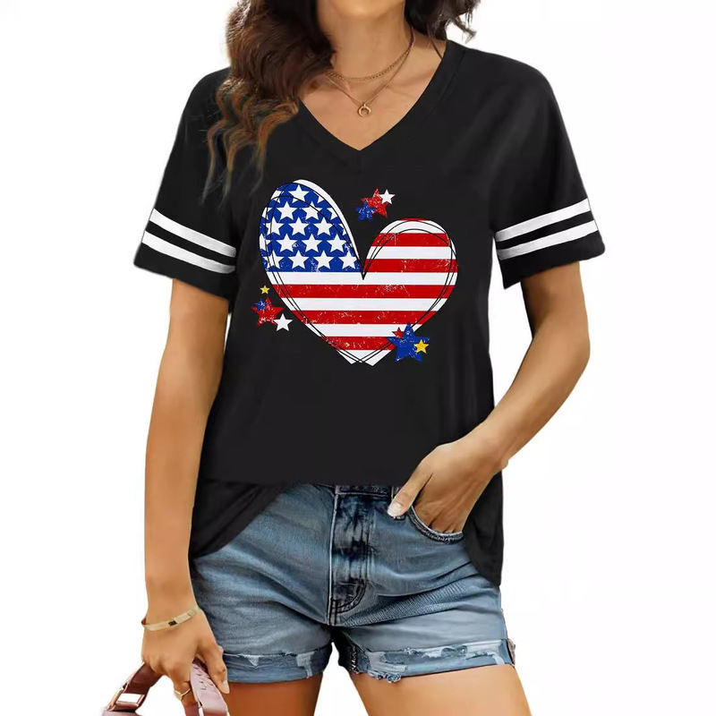 American Flag Shirt Women's Patriotic Slim Base Shirt July 4 T-Shirt V-Neck Short Sleeve Summer T-Shirt