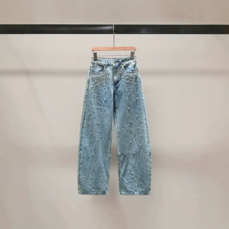 Xu Lu's style straight-leg jeans with handmade pearls, summer loose fit, slimming, with sparkling rhinestones, washed straight-leg pants Xu Lu's style straight-leg jeans with handmade pearls, summer loose fit, slimming, with sparkling rhinestones, washed straight-leg pants