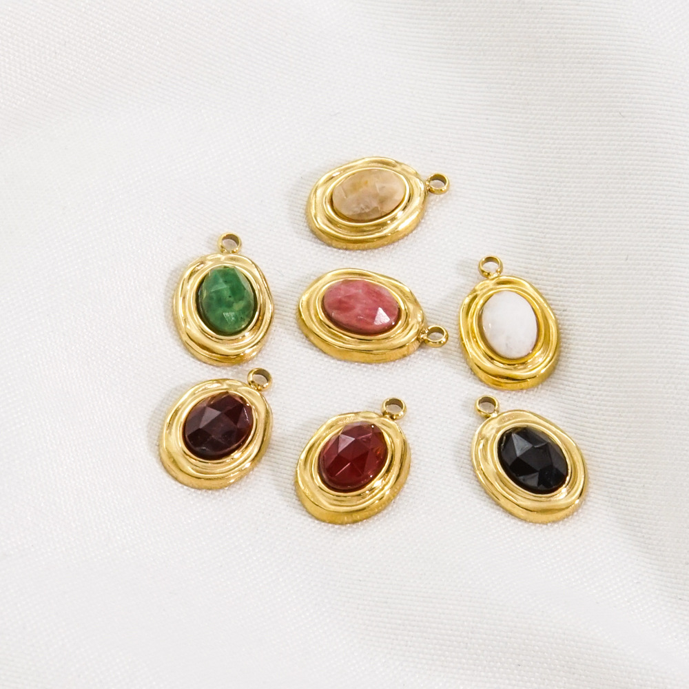 10 PCS/Package 304 Stainless Steel Natural Stone 14K Gold Plated Oval Beads display picture 5