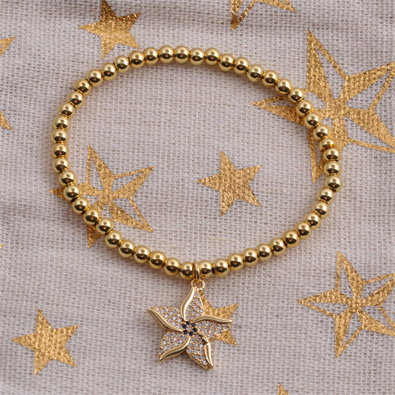 Pulsera De Estrella De Mar De Circón De Cuentas Redondas De Oro Real Plateado Cobre Al Por Mayor Nihaojewelry display picture 2