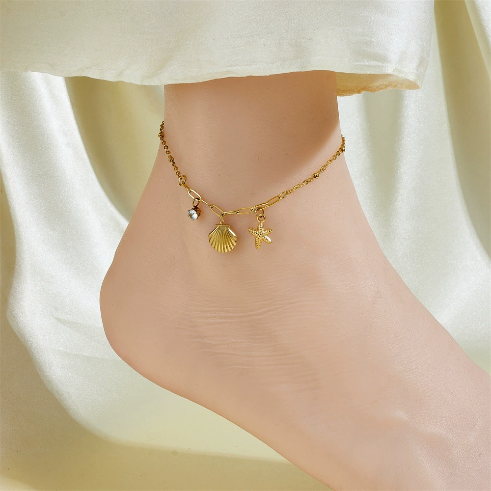 Ankle bracelet, chain, golden fashionable sexy accessory stainless steel, simple and elegant design, light luxury style, internet celebrity, 750 sample gold