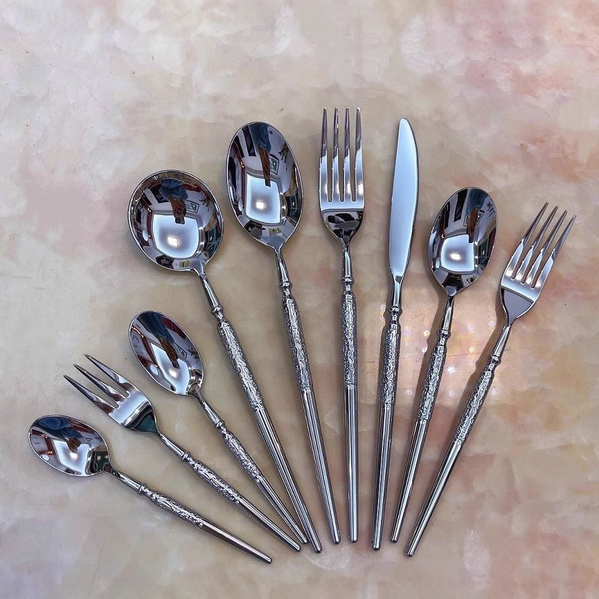 304 스테인레스 스틸 바레 해머 포인트 식기 서양 음식 나이프, 포크, 스푼, 티스푼, 디저트 스푼, 스테이크 나이프 6종 세트