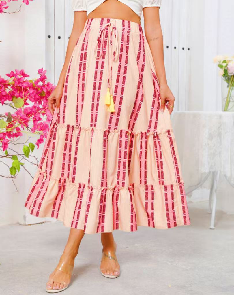 Real Shot Of Cross-border Foreign Trade 2025 Summer New Bohemian Resort Style Printed Flared Skirt For Women_ecoleips.com