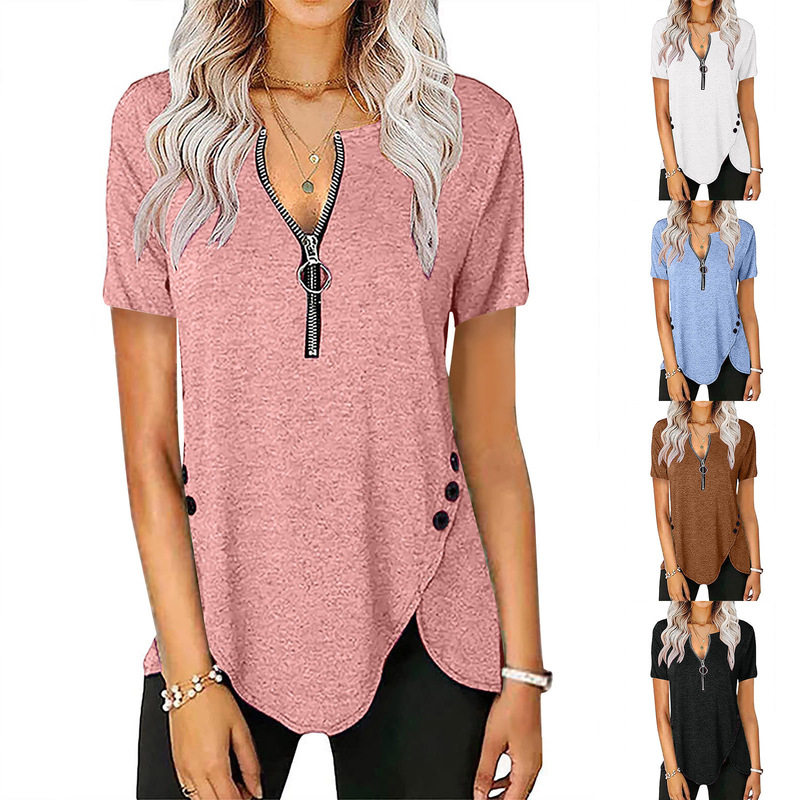 Amazon 2022 European and American Foreign trade cross-border women's clothing new women's casual short-sleeved shirt V-neck zipper button T-shirt Amazon 2022 European and American Foreign trade cross-border women's clothing new women's casual short-sleeved shirt V-neck zipper button T-shirt