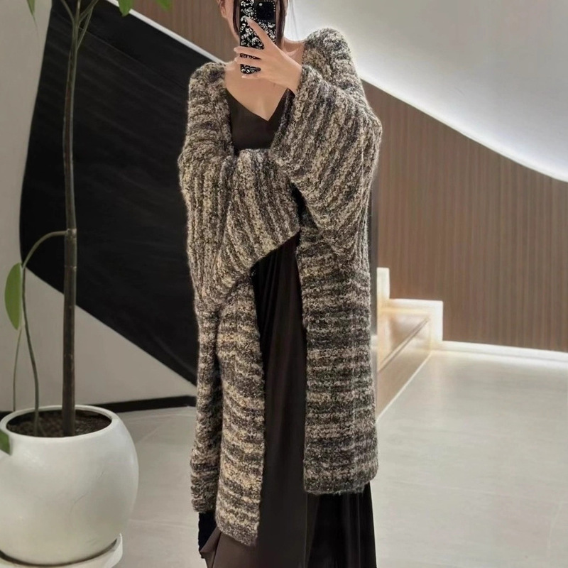 欧美风跨境外贸撞色中长款针织开衫女慵懒风时尚宽松休闲毛衣外套|undefined