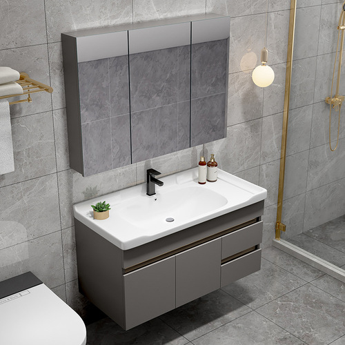 Bathroom cabinet combination slate basin integrated ceramic basin simple bathroom washbasin cabinet smart mirror cabinet